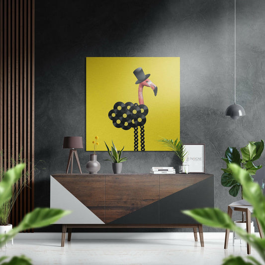 Top Hat Flamingo On Yellow Polka Dots Brushed Aluminium Dibond Wall Art