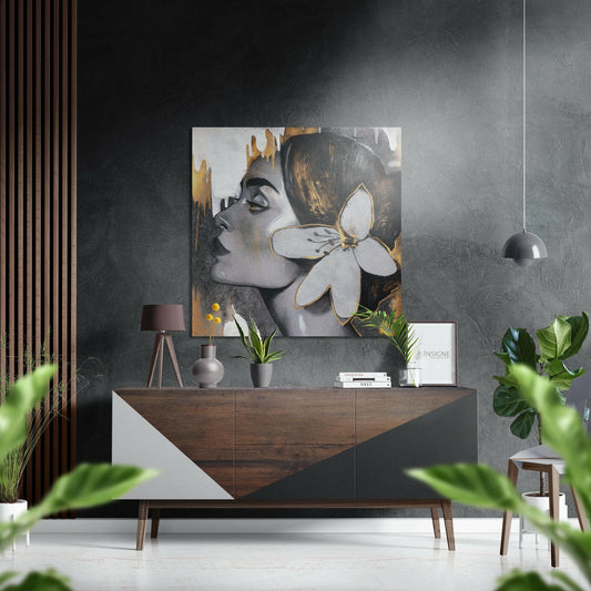 Woman Profile With White Flower and Gold Brushed Aluminium Dibond Wall Art