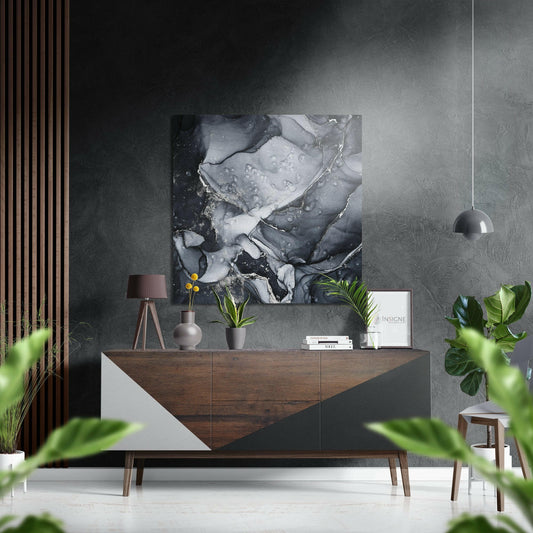 Black Silver Ink Marble Brushed Aluminium Dibond Wall Art