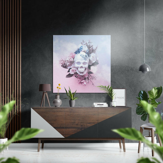 Cloudy Sky Rose Butterfly Skull Brushed Aluminium Dibond Wall Art