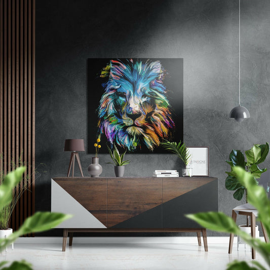 Rainbow Brushstroke Lion Head Brushed Aluminium Dibond Wall Art