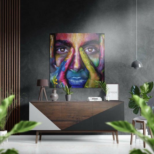 Color Painted Face Behind Hands Brushed Aluminium Dibond Wall Art
