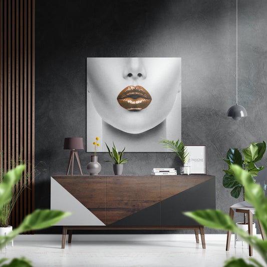 Glossy Bronze Lips Close Up Brushed Aluminium Dibond Wall Art