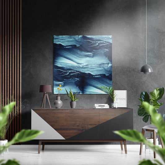 Deep Indigo Marbled Ink Waves Brushed Aluminium Dibond Wall Art
