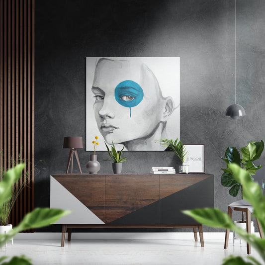 Blue Paint Blot Eye Woman Sketch Brushed Aluminium Dibond Wall Art