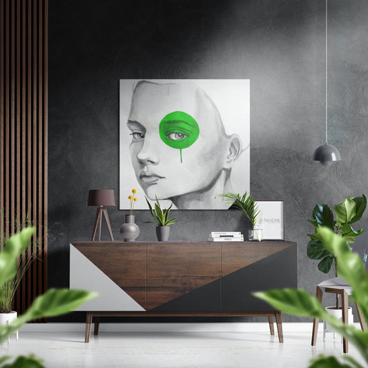 Bright Green Blot Eye Woman Sketch Brushed Aluminium Dibond Wall Art