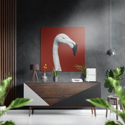 Brick Red Backdrop White Flamingo Brushed Aluminium Dibond Wall Art