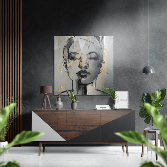 Gold Drip Sketched Face Brushed Aluminum Dibond Wall Art