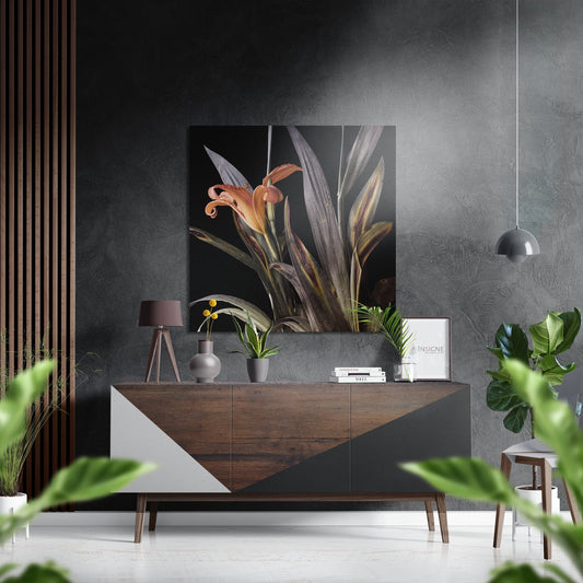 Moody Dark Orange Lily Bloom Brushed Aluminium Dibond Wall Art