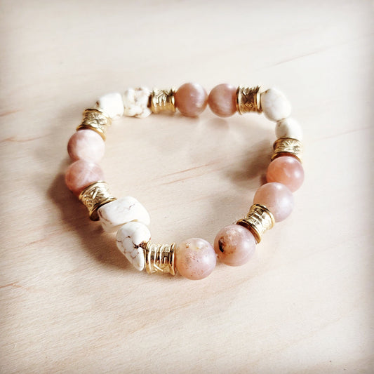 **Frosted Sunstone & White Turquoie Beaded Stretch Bracelet 811o