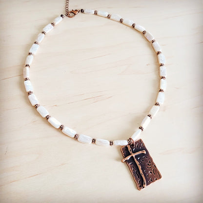 Rectangle Freshwater Pearl & Copper Necklace w/ Antique Cross Pendant 264a