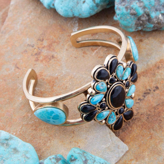 Barcelona Blue Turquoise Black Onyx Golden Cuff Bracelet Otarealm