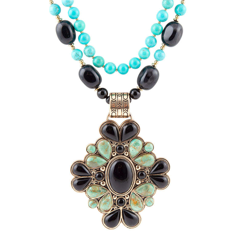 Barcelona Blue Turquoise and Black Onyx Golden Statement Necklace Otarealm
