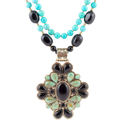 Barcelona Blue Turquoise and Black Onyx Golden Statement Necklace Otarealm