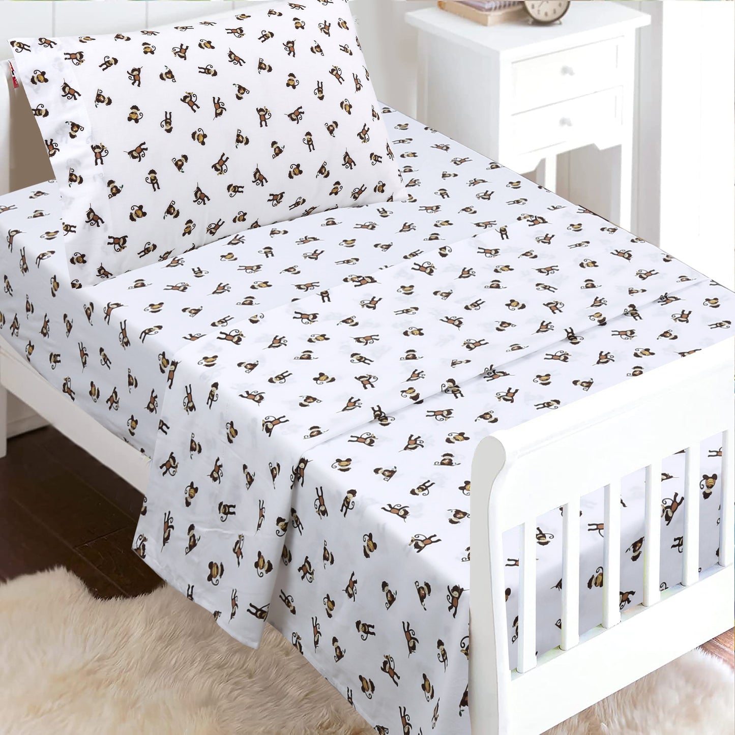 3-Piece Crib/Toddler Cotton Sheet Set White Brown Monkey Around Jungle Bananas