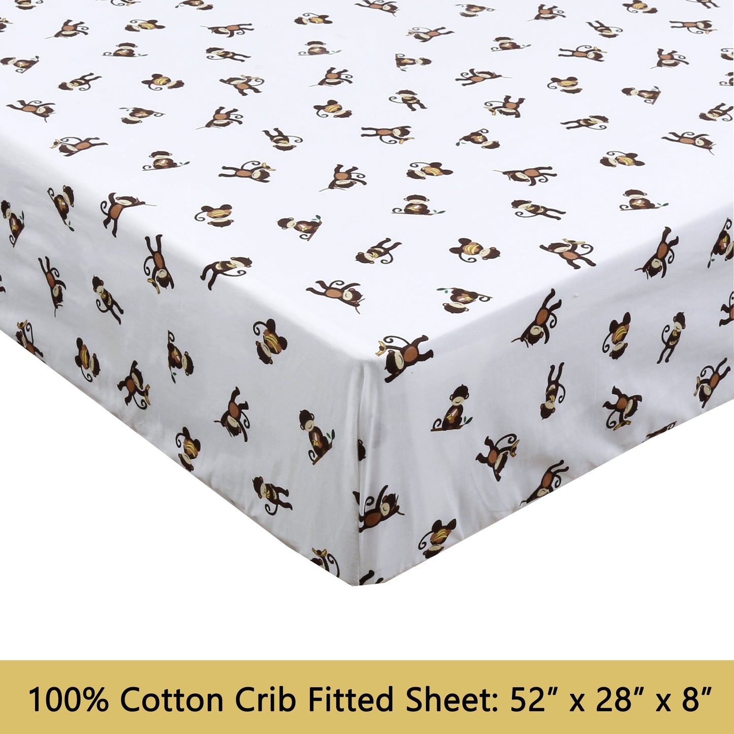 3-Piece Crib/Toddler Cotton Sheet Set White Brown Monkey Around Jungle Bananas