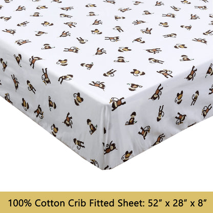 3-Piece Crib/Toddler Cotton Sheet Set White Brown Monkey Around Jungle Bananas