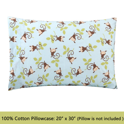3-Piece Crib/Toddler Cotton Sheet Set Blue Jungle Monkey Tails Swing