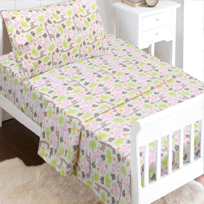 3-Piece Crib/Toddler Cotton Sheet Set Pink Jungle Zoo Animal Friends Giraffe Monkey Elephant Zebra Bird