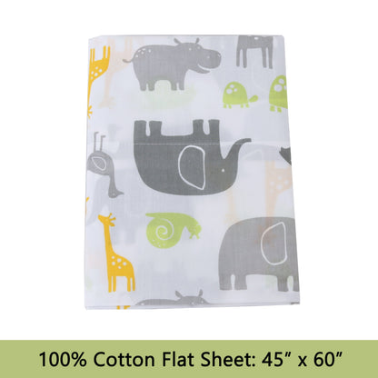 3-Piece Crib/Toddler Cotton Sheet Set Grey Yellow Safari Fun Animals Elephant Giraffe Hippo