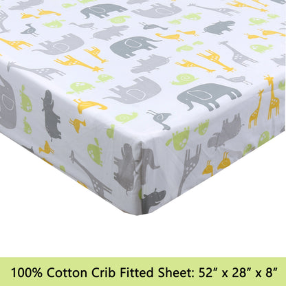 3-Piece Crib/Toddler Cotton Sheet Set Grey Yellow Safari Fun Animals Elephant Giraffe Hippo
