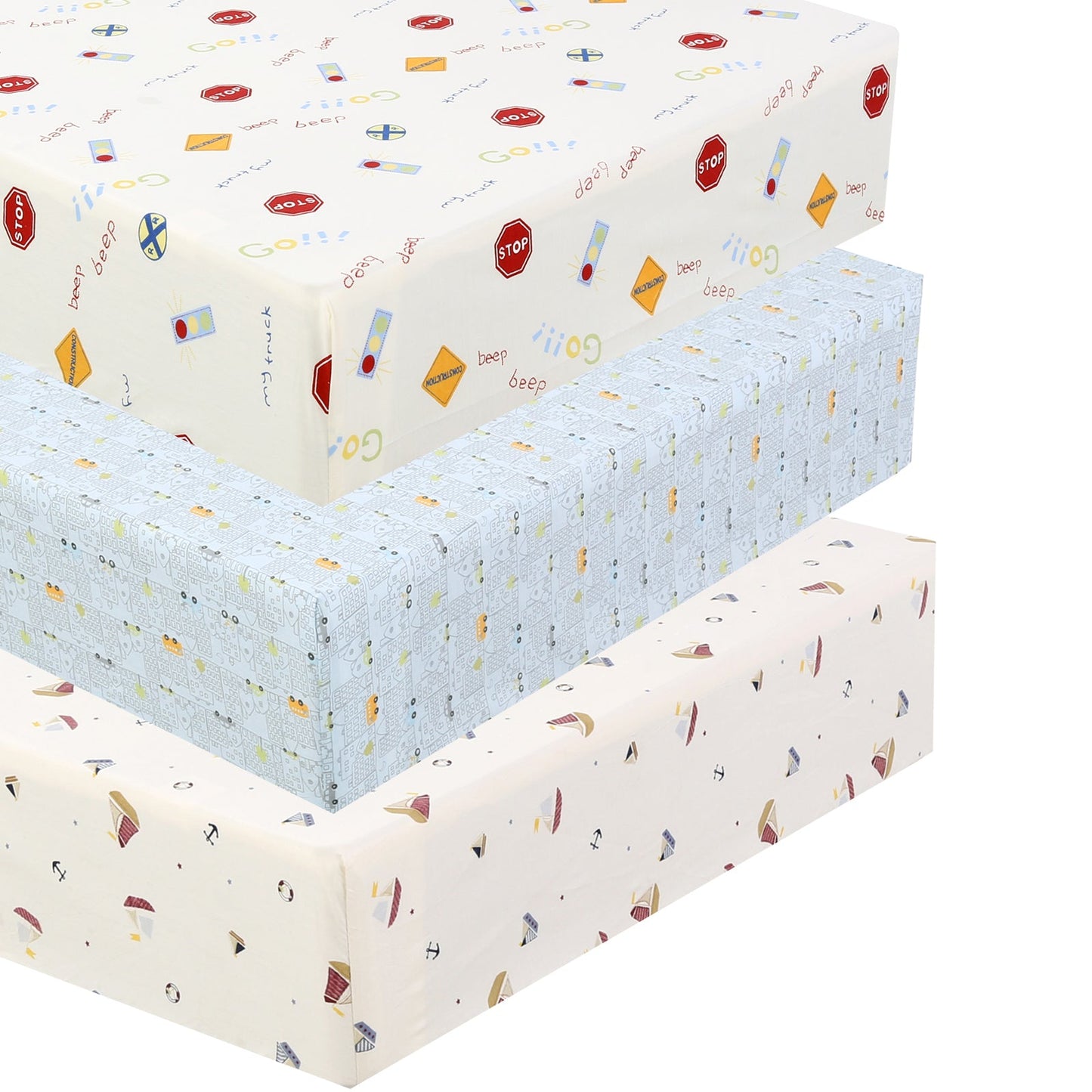 3 Piece Crib/Toddler Cotton Fitted Sheets Colorful Blue Red City Cars Boats Transportation Signs