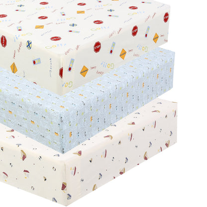 3 Piece Crib/Toddler Cotton Fitted Sheets Colorful Blue Red City Cars Boats Transportation Signs