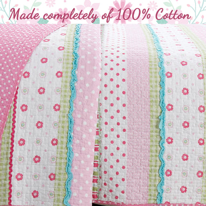 Greta Floral Stripe Pink Real Patchwork Cotton Reversible Quilt Bedding Set