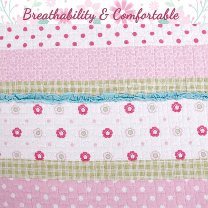 Greta Floral Stripe Pink Real Patchwork Cotton Reversible Quilt Bedding Set