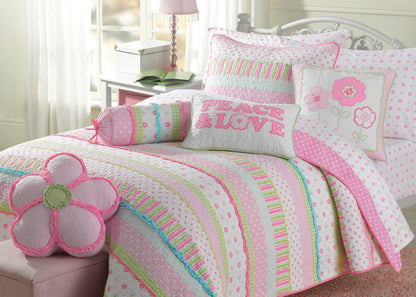 Greta Floral Stripe Pink Round Ruffle Bolster Decor Throw Pillow
