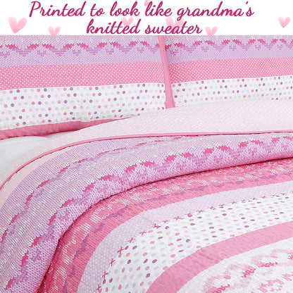 Butterfly Fairisle Pink Purple Striped Sweater Print Cotton Reversible Quilt Bedding Set