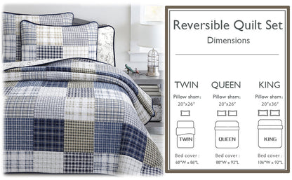 Benjamin Dinosaur Blue Brown Plaid Print Patchwork Cotton Reversible Quilt Bedding Set