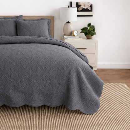 Serenity Gray Victorian Scalloped Medallion Pure Solid Cotton Reversible 3 Piece Quilt Bedding Set