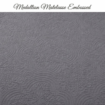 Serenity Gray Victorian Scalloped Medallion Pure Solid Cotton Reversible 3 Piece Quilt Bedding Set