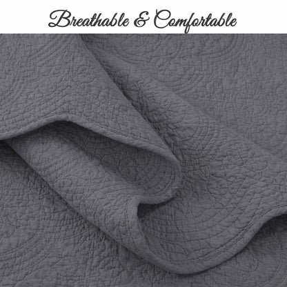 Serenity Gray Victorian Scalloped Medallion Pure Solid Cotton Reversible 3 Piece Quilt Bedding Set