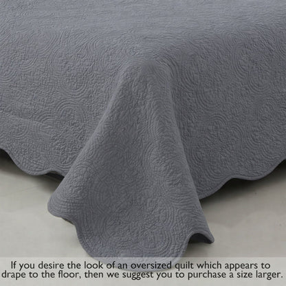 Serenity Gray Victorian Scalloped Medallion Pure Solid Cotton Reversible 3 Piece Quilt Bedding Set