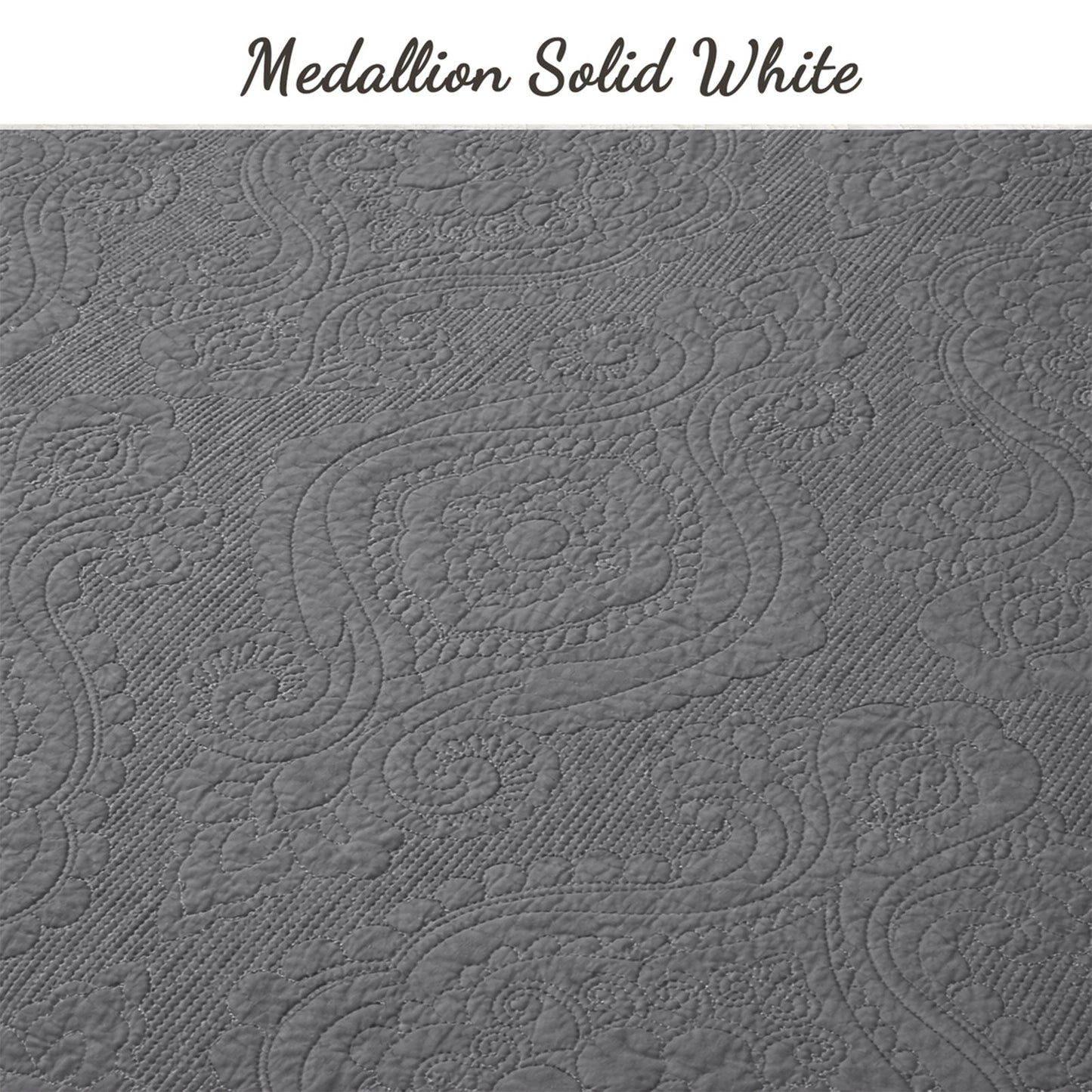 Solid Gray Chic Brocade Matelassé Medallion Floral 3 Piece Cotton Reversible Quilt Bedding Set