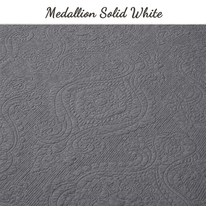 Solid Gray Chic Brocade Matelassé Medallion Floral 3 Piece Cotton Reversible Quilt Bedding Set