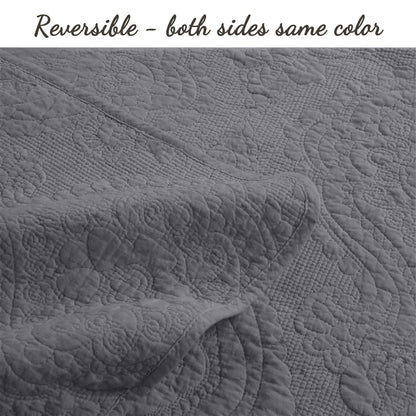 Solid Gray Chic Brocade Matelassé Medallion Floral 3 Piece Cotton Reversible Quilt Bedding Set