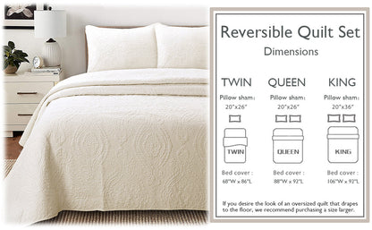 Solid Ivory Chic Brocade Matelassé Medallion Floral Cotton Reversible Quilt Bedding Set (Copy)