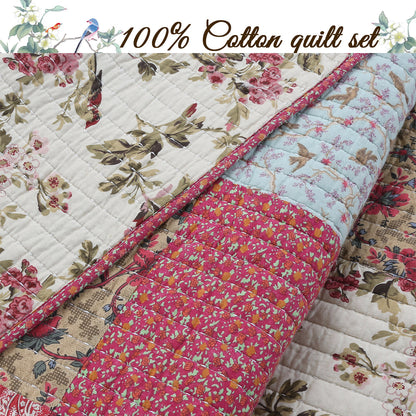 Adeline Floral 3-Peice Real Patchwork Cotton Reversible Quilt Bedding Set