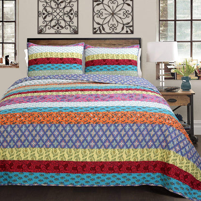Vibrant Stripe Real Patchwork 3-Piece Cotton Reversible Quilt Bedding Set