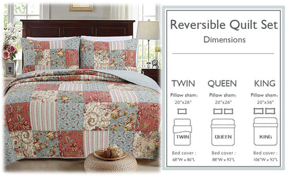 Eleanor Real Patchwork Floral Stripe 3-Piece Cotton Reversible Quilt Bedding Set