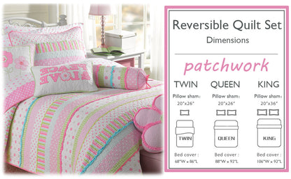 Greta Floral Stripe Pink Real Patchwork Cotton Reversible Quilt Bedding Set