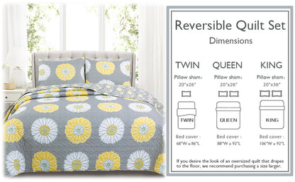 Anya Floral Print Yellow Grey Reversible Quilt Bedding Set
