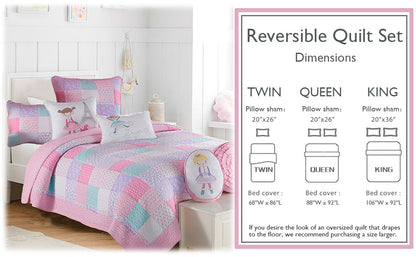 Angelina Pink Floral Dot Print Patchwork Cotton Reversible Quilt Bedding Set