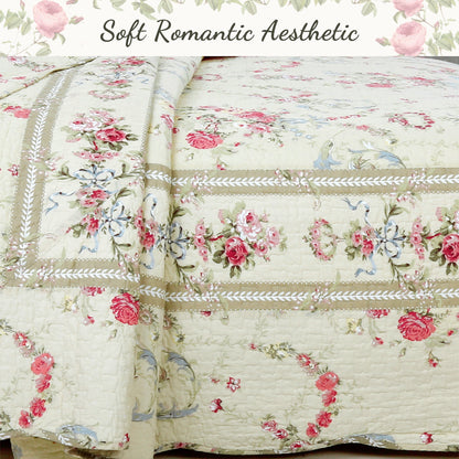 Rose Romance Floral Cotton Reversible Quilt Bedding Set