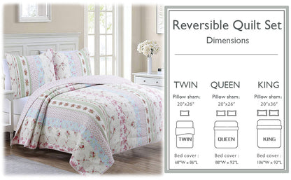 Wild Rose Enchantment Floral Bloom Garden Stripe Real Patchwork Reversible Quilt Bedding Set
