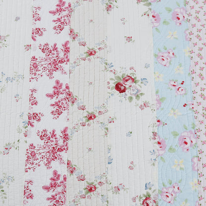 Wild Rose Enchantment Floral Bloom Garden Stripe Real Patchwork Reversible Quilt Bedding Set