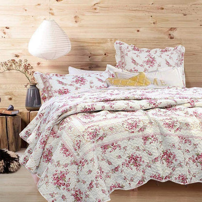 Shabby Chic Vintage Floral Rose Garden Scalloped Cotton Reversible Quilt Bedding Set